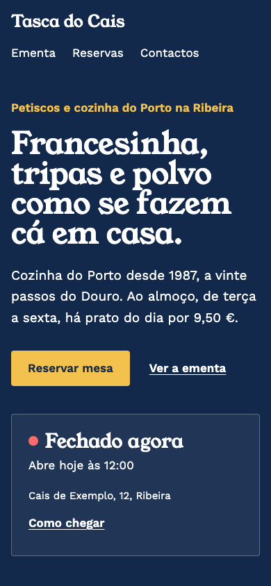 Azulejo theme home page on a phone (demo site, text in Portuguese)