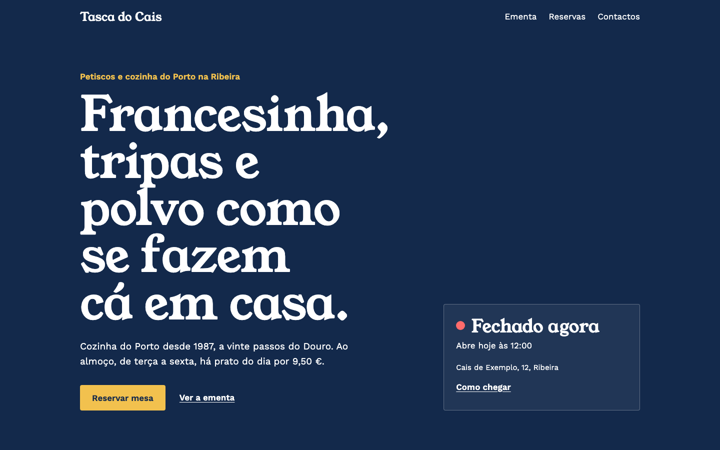Azulejo theme home page on desktop (demo site, text in Portuguese)