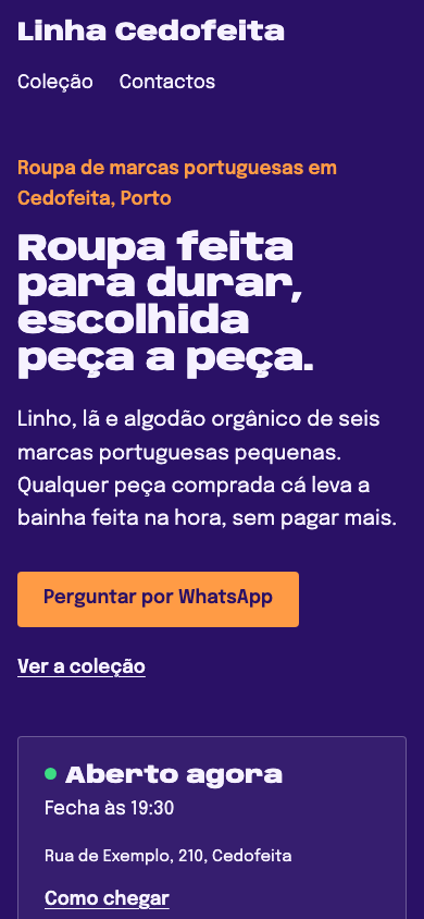 Esquina theme home page on a phone (demo site, text in Portuguese)