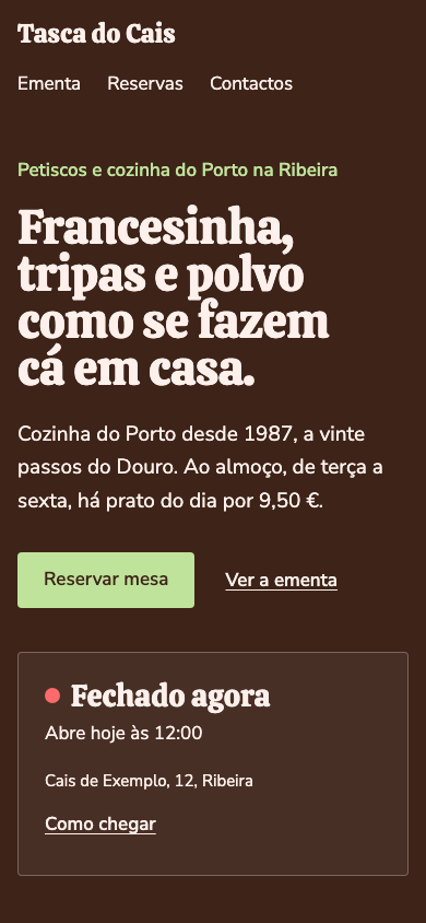 Fornada theme home page on a phone (demo site, text in Portuguese)