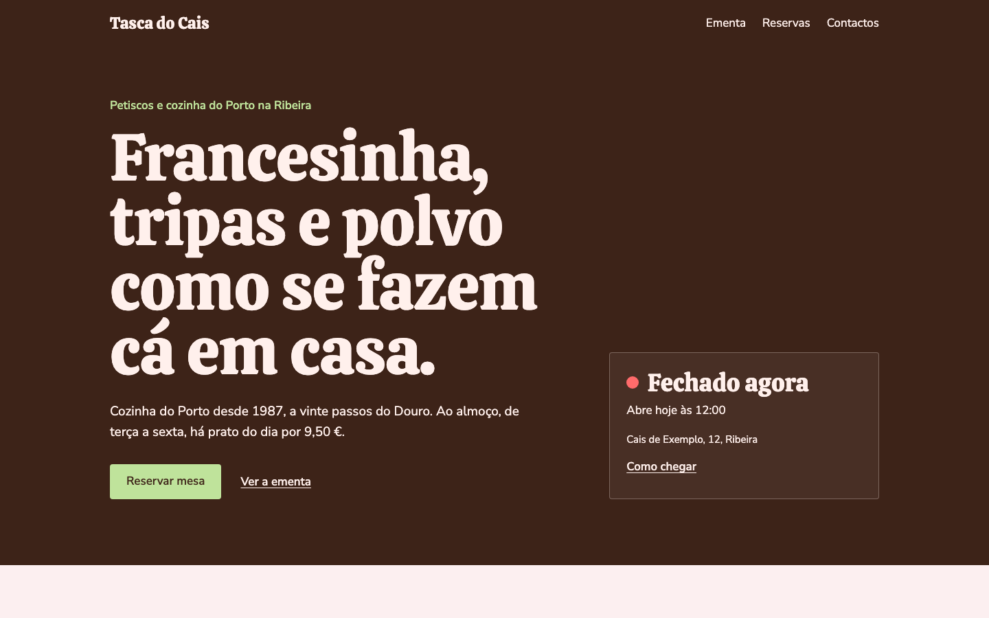 Fornada theme home page on desktop (demo site, text in Portuguese)