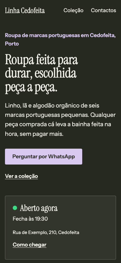 Linho theme home page on a phone (demo site, text in Portuguese)
