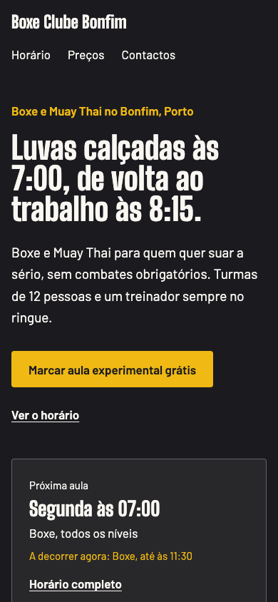 Ringue theme home page on a phone (demo site, text in Portuguese)