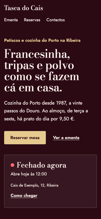 Veludo theme home page on a phone (demo site, text in Portuguese)